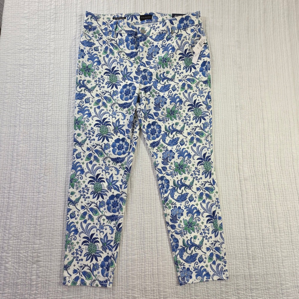 Talbots Slim Ankle Floral Paisley Jeans Blue White Women 12P NEW